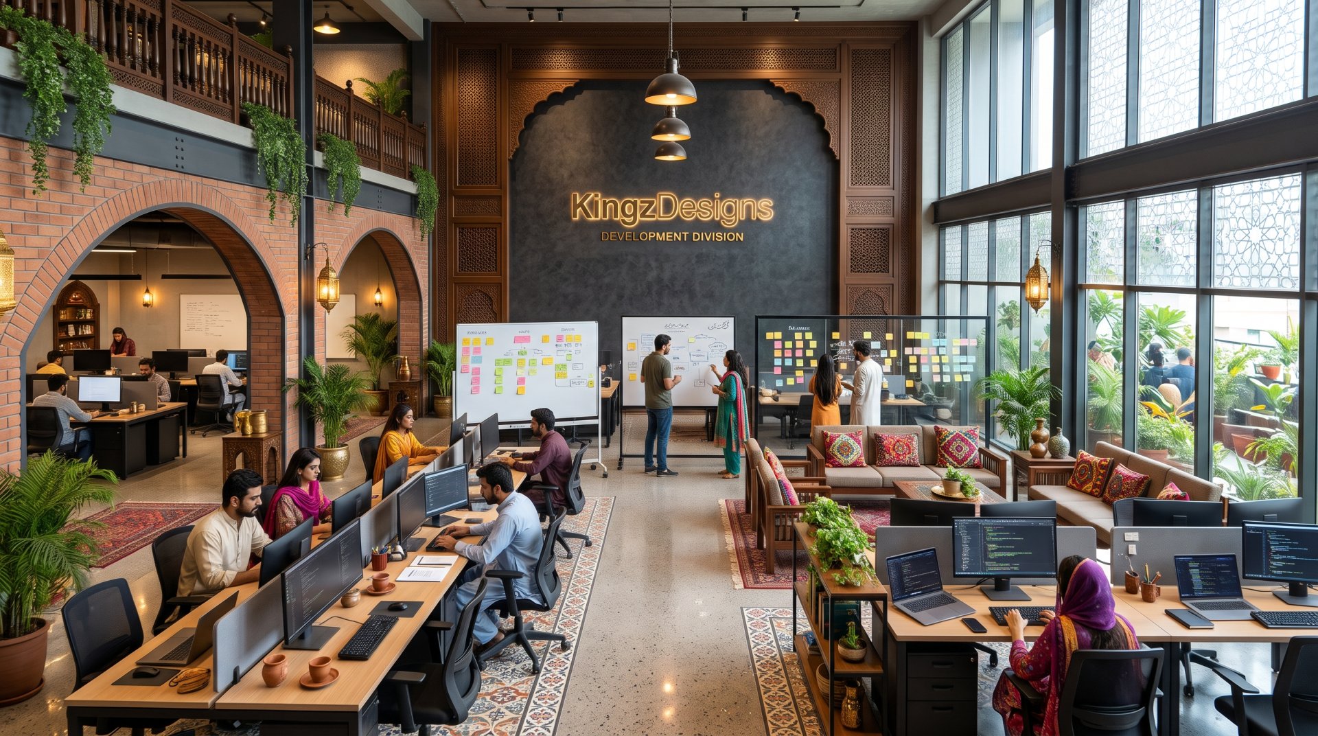 KingzDesigns Development Division agile workspace with software engineers and sprint boards