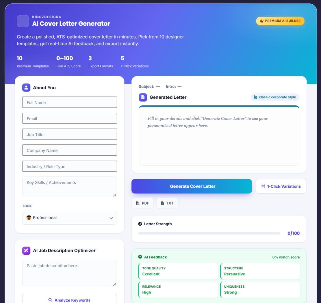 AI Cover Letter Generator online tool for creating professional, job-specific cover letters using artificial intelligence