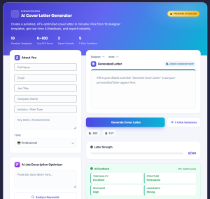 AI Cover Letter Generator online tool for creating professional, job-specific cover letters using artificial intelligence
