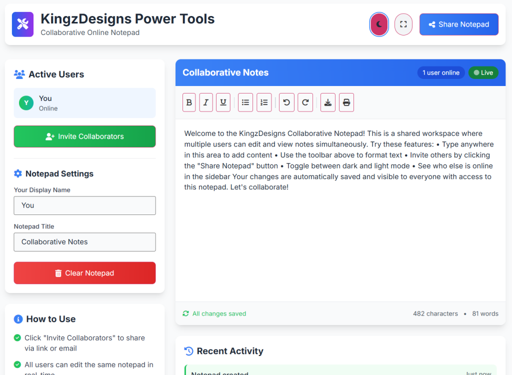 Collaborative Online Notepad tool for creating, editing, and sharing notes in real time with multiple users