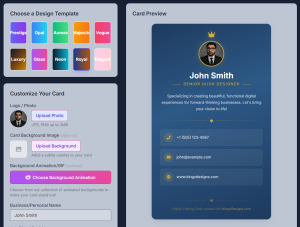Digital Visiting Card Generator tool interface by KingzDesigns