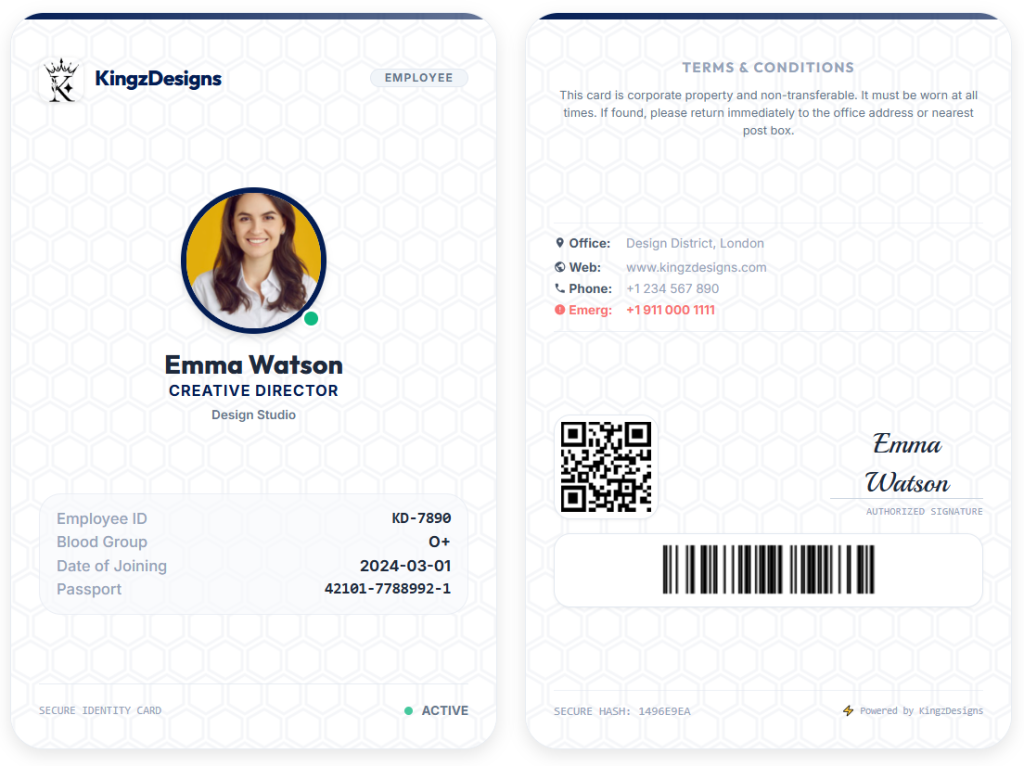 Employee ID Card Studio online tool for designing professional employee ID cards with photo, QR code, and company branding