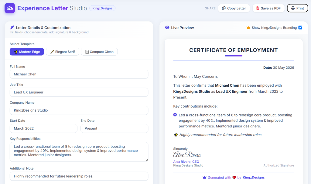 Experience Letter Studio online tool for creating professional employee experience letters with customizable templates
