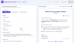 Experience Letter Studio online tool for creating professional employee experience letters with customizable templates