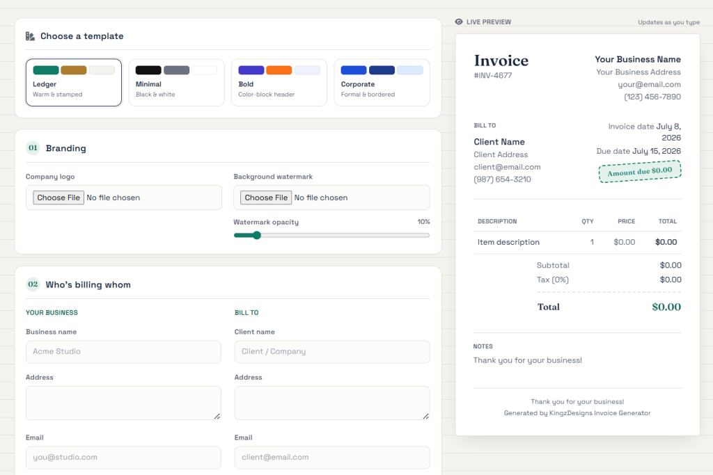 Invoice Generator online tool for creating professional invoices with automatic calculations and PDF download