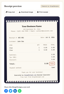 Receipt Generator online tool for creating professional payment receipts with printable and PDF download options