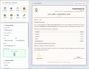 Salary Certificate Generator online tool for creating professional employee salary certificates with customizable templates