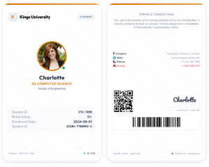 Student ID Card Studio online tool for designing professional student ID cards with photo, QR code, barcode, and school branding